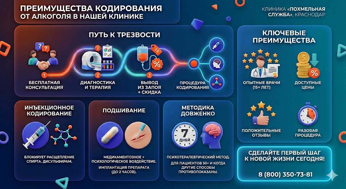 Инфографика о методах кодирования от алкоголя в Жирновске: инъекции, подшивание, метод Довженко. Преимущества клиники и этапы лечения.